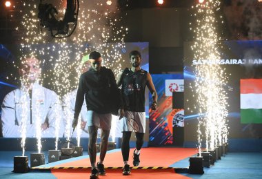 NEW DELHI INDIA JANUARY 21 2024 India Satwiksairaj Ranireddy and Chirag Shetty arives for their Men Double final match against Kang Min Hyuk and Seo Seung Jae from Korea for Yonex Sunrise India Open 2024 at IGI Stadium Photo by Vipin Kumar Hindustan  clipart