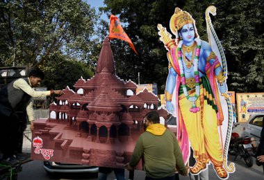 NOIDA INDIA JANUARY 21 2024 Member of Sanatan Dharam Mandir installing cutout of Ram Mandir for the worship of Lord Ram at Sector 19 Sanatan Dharam Mandir yesterday Photo by Sunil Ghosh Hindustan Times  clipart