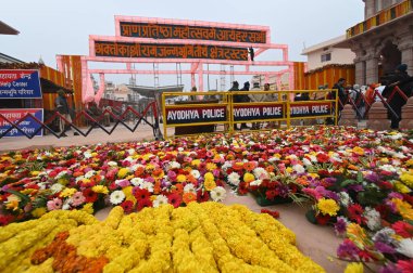 AYODHYA INDIA JANUARY 21 2024 Main enterence of Ram Janmabhoomi Temple decked up with flowers on the eve of the consecration ceremony Photo by Deepak Gupta Hindustan Times  clipart