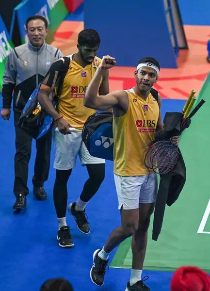 stock image NEW DELHI INDIA JANUARY 20 2024 Satwiksairaj Rankireddy with Chirag Shetty from India competes during the Mens doubles match against Aaron Chia with Soh Wooi Yik from Malaysia at Semi Final Match of the Yonex Sunrise India Open 2024 Badminton Tournam