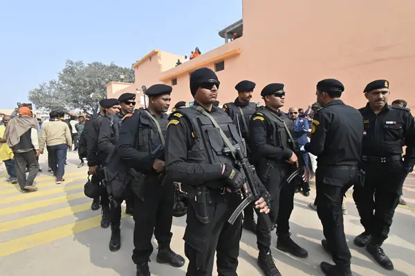 stock image AYODHYA INDIA JANUARY 21 2024 Heavy force deployed near the Ram Janmabhoomi on the eve of the consecration ceremony of Shri Ram Janmabhoomi Temple Photo by Deepak Gupta Hindustan Times 