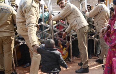 AYODHYA INDIA JANUARY 23 2024 A woman struggling to enter Ram Temple during heavy rush Devotees are celebrating the consecration ceremony all over the world with joy and fanfare The Ramjanmbhoomi temple in Ayodhya was built after a long battle in the clipart