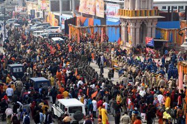 AYODHYA INDIA JANUARY 23 2024 Heavy force outside Ram Temple gate to manage the crowd Devotees are celebrating the consecration ceremony all over the world with joy and fanfare The Ramjanmbhoomi temple in Ayodhya was built after a long battle in the  clipart