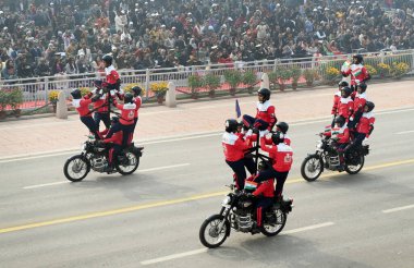 NEW DELHI INDIA JANUARY 26 2024 All Women Daredevils from Central Armed Police Women personnel from SSB CRPF and BSF perform during the 75th Republic Day Parade 2024 at Kartavya Path India gears up for its platinum celebration of the country Republic clipart