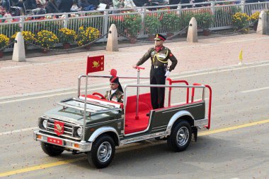 NEW DELHI INDIA JANUARY 26 2024 Parade Commander Lt General Bhavnish Kumar passes by the saluting Base during the 75th Republic Day Parade 2024 at Kartavya Path India gears up for its platinum celebration of the country Republic Day on Friday with an clipart