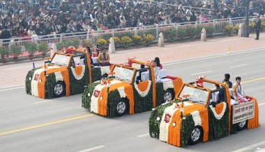 NEW DELHI INDIA JANUARY 26 2024 A contingent of the winners of the Pradhan Mantri Rashtriya Bal Puraskar passes by the saluting Base during the 75th Republic Day Parade 2024 at Kartavya Path India gears up for its platinum celebration of the country  clipart