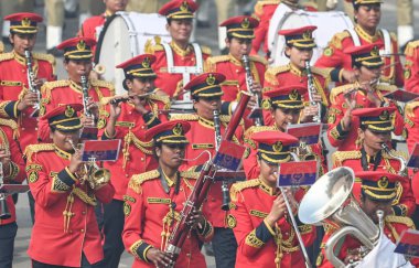 NEW DELHI INDIA JANUARY 26 2024 An all women contingent from Border Security Force BSF Band marches past the saluting Base during the 75th Republic Day Parade 2024 at Kartavya Path India gears up for its platinum celebration of the country Republic D clipart