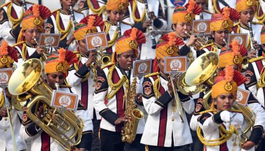 NEW DELHI INDIA JANUARY 26 2024 An all women contingent from Central Industrial Security Force CISF Band past the saluting Base during the 75th Republic Day Parade 2024 at Kartavya Path India gears up for its platinum celebration of the country Repub clipart