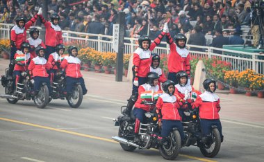 NEW DELHI INDIA JANUARY 26 2024 All Women Daredevils from Central Armed Police Women personnel from SSB CRPF and BSF perform during the 75th Republic Day Parade 2024 at Kartavya Path India gears up for its platinum celebration of the country Republic clipart