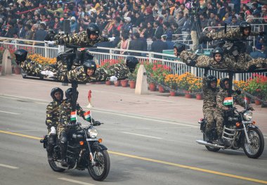 NEW DELHI INDIA JANUARY 26 2024 All Women Daredevils from Central Armed Police Women personnel from SSB CRPF and BSF perform during the 75th Republic Day Parade 2024 at Kartavya Path India gears up for its platinum celebration of the country Republic clipart