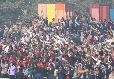 NEW DELHI INDIA JANUARY 26 2024 Prime Minister Narendra Modi acknowledges the crowd as he leaves after the 75th Republic Day Parade 2024 at Kartavya Path India gears up for its platinum celebration of the country Republic Day on Friday with an enthra clipart