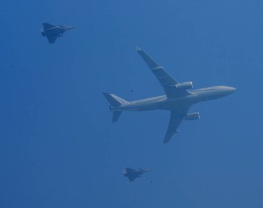 NEW DELHI INDIA JANUARY 26 2024 IAF fly past during the 75th Republic Day Parade 2024 at Kartavya Path India gears up for its platinum celebration of the country Republic Day on Friday with an enthralling exhibition of its military prowess and rich c clipart