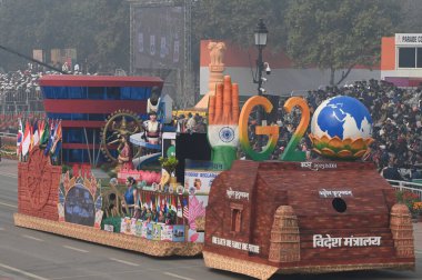 NEW DELHI INDIA JANUARY 26 2024 Ministry of External affairs tableau on display during the 75th Republic Day celebration Function at the Kartavya Path India gears up for its platinum celebration of the country Republic Day on Friday with an enthralli clipart