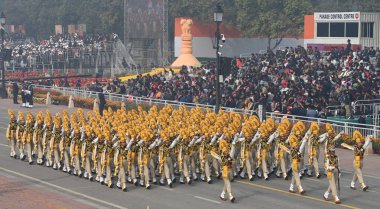 NEW DELHI INDIA JANUARY 26 2024 CISF women Contingent Marching Parade during the 75th Republic Day celebration Function at the Kartavya Path India gears up for its platinum celebration of the country Republic Day on Friday with an enthralling exhibit clipart