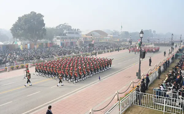 stock image NEW DELHI INDIA JANUARY 26 2024 A contingent of the Sikh Regiment marches past the saluting Base during the 75th Republic Day Parade 2024 at Kartavya Path India gears up for its platinum celebration of the country Republic Day on Friday with an enthr