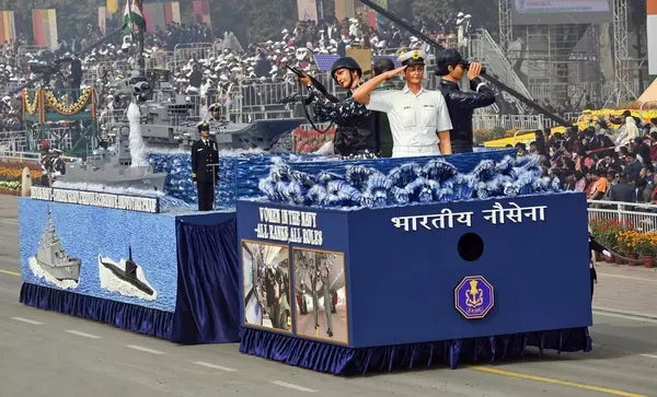 stock image NEW DELHI INDIA JANUARY 26 2024 A tableaux of Indian Navy on display during the 75th Republic Day Parade 2024 at Kartavya Path India gears up for its platinum celebration of the country Republic Day on Friday with an enthralling exhibition of its mil