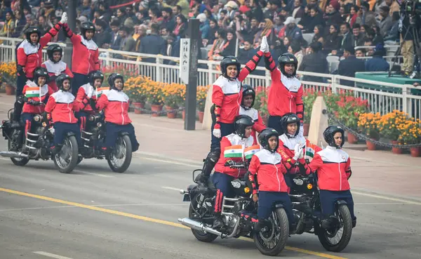 stock image NEW DELHI INDIA JANUARY 26 2024 All Women Daredevils from Central Armed Police Women personnel from SSB CRPF and BSF perform during the 75th Republic Day Parade 2024 at Kartavya Path India gears up for its platinum celebration of the country Republic