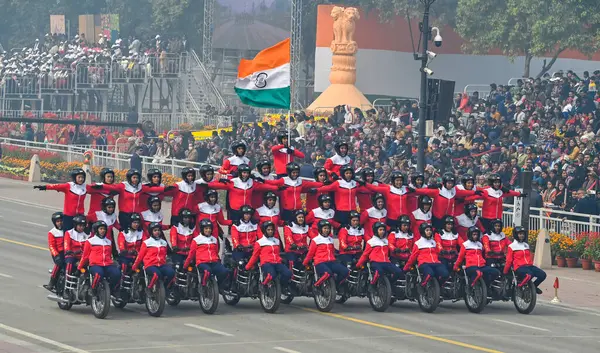 stock image NEW DELHI INDIA JANUARY 26 2024 All Women Daredevils from Central Armed Police Women personnel from SSB CRPF and BSF perform during the 75th Republic Day Parade 2024 at Kartavya Path India gears up for its platinum celebration of the country Republic