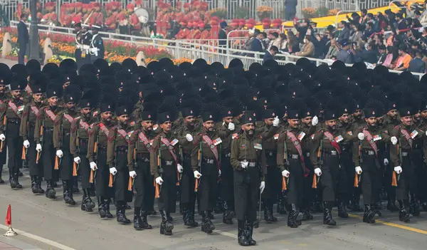 stock image NEW DELHI INDIA JANUARY 26 2024 A contingent of the Rajputana Rifles marches past the saluting Base during the 75th Republic Day Parade 2024 at Kartavya Path India gears up for its platinum celebration of the country Republic Day on Friday with an en