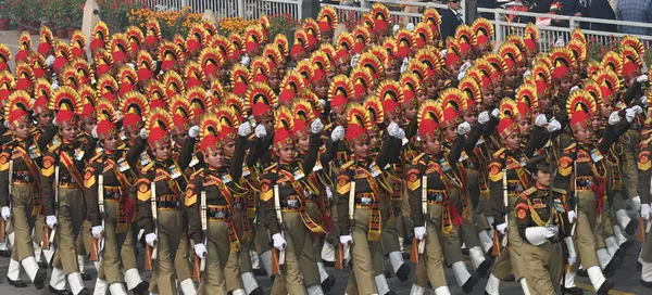 stock image NEW DELHI INDIA JANUARY 26 2024 BSF women Contingent Marching Parade during the 75th Republic Day celebration Function at the Kartavya Path India gears up for its platinum celebration of the country Republic Day on Friday with an enthralling exhibiti