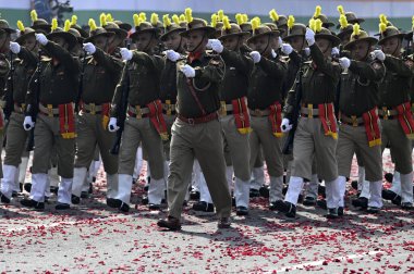 KOLKATA INDIA JANUARY 26 2024 Parade marches by Bihar Spl Armed Police Contingent past the Saluting Dias at the Republic Day Parade 2024 event at Red Road on January 26 2024 in Kolkata India India gears up for its platinum celebration of the country  clipart