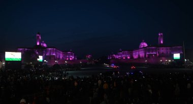 NEW DELHI INDIA JANUARY 27 2024 A view of illuminated North and south Block and Rashtrapati Bhavan after the rehearsal for the Beating Retreat Ceremony marking the culmination of the Republic Day Celebrations at the Raisina Hills The Beating Retreat  clipart