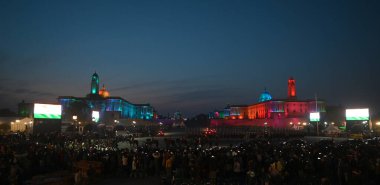 NEW DELHI INDIA JANUARY 27 2024 A view of illuminated North and south Block and Rashtrapati Bhavan after the rehearsal for the Beating Retreat Ceremony marking the culmination of the Republic Day Celebrations at the Raisina Hills The Beating Retreat  clipart