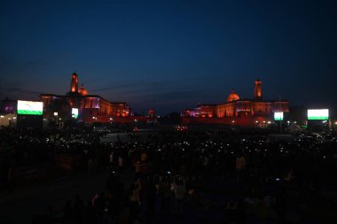 NEW DELHI INDIA JANUARY 27 2024 A view of illuminated North and south Block and Rashtrapati Bhavan after the rehearsal for the Beating Retreat Ceremony marking the culmination of the Republic Day Celebrations at the Raisina Hills The Beating Retreat  clipart