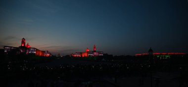 NEW DELHI INDIA JANUARY 27 2024 A view of illuminated North and south Block and Rashtrapati Bhavan after the rehearsal for the Beating Retreat Ceremony marking the culmination of the Republic Day Celebrations at the Raisina Hills The Beating Retreat  clipart