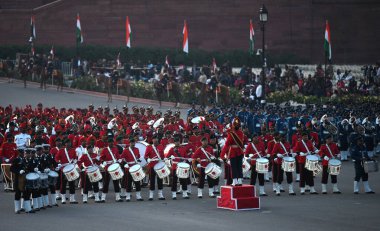 NEW DELHI INDIA JANUARY 27 2024 Tri service bands perform during full dress rehearsal for the upcoming Beating Retreat ceremony marking the culmination of the Republic Day Celebrations at the Raisina Hills The Beating Retreat ceremony which marks the clipart