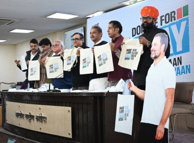 NEW DELHI INDIA JANUARY 27 2024 Congress treasurer Ajay Maken Treasurer and general secretary Jairam Ramesh and others during a launch of a new campaign Donate for Nyay crowdfunding campaign as part of the ongoing Bharat Jodo Nyay Yatra at AICC HQ Ph clipart