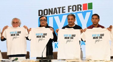 NEW DELHI INDIA JANUARY 27 2024 Congress treasurer Ajay Maken Treasurer and general secretary Jairam Ramesh and others during a launch of a new campaign Donate for Nyay crowdfunding campaign as part of the ongoing Bharat Jodo Nyay Yatra at AICC HQ Ph clipart