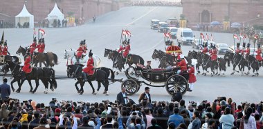 NEW DELHI INDIA JANUARY 27 2024 Convoy of President of India arrives during full dress rehearsal for the upcoming Beating Retreat ceremony The Beating Retreat ceremony which marks the culmination of the four day long Republic Day celebrations took pl clipart