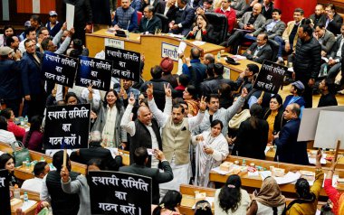 NEW DELHI INDIA JANUARY 29 2024 Delhi MCD Opposition councilors shout slogans over a special meeting on the discussion on to vest the power of standing committee to the House till their formation at the Civic Centre Photo by Raj K Raj Hindustan Times clipart