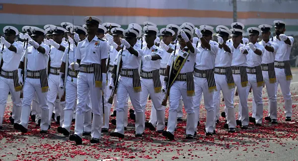 stock image KOLKATA INDIA JANUARY 26 2024 Parade marches by Indian Navy Contingent past the Saluting Dias at the Republic Day Parade 2024 event at Red Road on January 26 2024 in Kolkata India India gears up for its platinum celebration of the country Republic Da