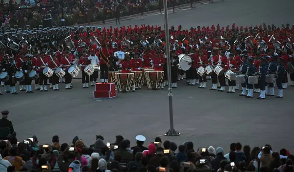 stock image NEW DELHI INDIA JANUARY 27 2024 Tri service bands perform during full dress rehearsal for the upcoming Beating Retreat ceremony The Beating Retreat ceremony which marks the culmination of the four day long Republic Day celebrations took place on Frid