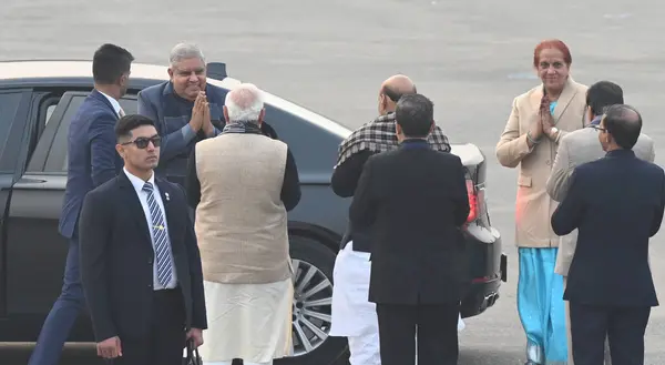 stock image NEW DELHI INDIA JANUARY 29 2024 Vice President of India Jagdeep Dhankhar Prime Minister Narendra Modi and Defance Minister Rajnath Singh during the Beating Retreat Ceremony marking the culmination of the Republic Day Celebrations at the Raisina Hills