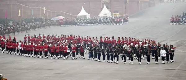 stock image NEW DELHI INDIA JANUARY 29 2024 Tri service bands perform during the Beating Retreat ceremony at Vijay Chowk Photo by Sanjeev Verma Hindustan Times 