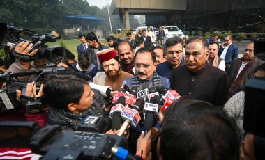 NEW DELHI INDIA JANUARY 30 2024 Virendra Sachdeva President of Delhi BJP along with Leader of Opposition Ramvir Singh Bidhuri and Member of Parliament Hans Raj Hans Parvesh Verma Harsh Vardhan Manoj Tiwari Ramesh Bidhuri comes out after submitting a  clipart