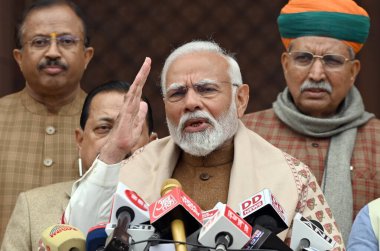 NEW DELHI INDIA JANUARY 31 2024 Prime Minister Narendra Modi along with Union Ministers Arjun Ram Meghwal Jitendra Singh and V Muraleedharan addresses the media on the first day of the Budget session of Parliament  clipart