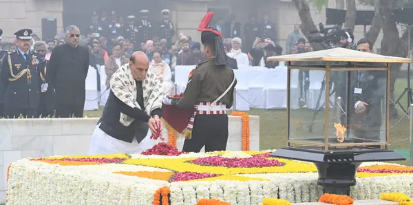 Stock image NEW DELHI INDIA JANUARY 30 2024 Defence Minister Rajnath Singh pays tribute to Mahatma Gandhi on his death anniversary at Rajghat Photo by Sonu Mehta Hindustan Times 