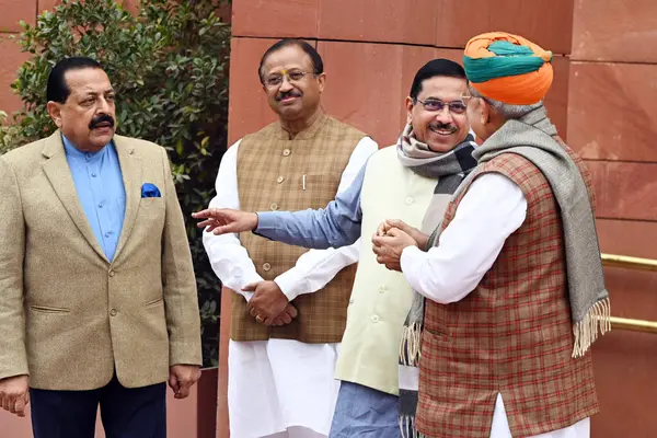 stock image NEW DELHI INDIA JANUARY 31 2024 Union Ministers Pralhad Joshi Arjun Ram Meghwal Jitendra Singh and V Muraleedharan wait to receive Prime Minister Narendra Modi on the first day of the Budget session of Parliament 