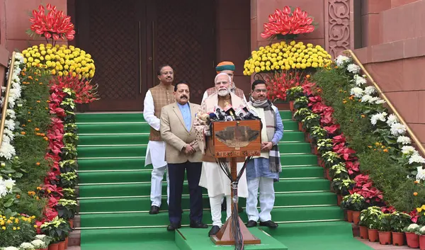 stock image NEW DELHI INDIA JANUARY 31 2024 Prime Minister Narendra Modi along with Union Ministers Pralhad Joshi Arjun Ram Meghwal Jitendra Singh and V Muraleedharan leaves after addresses the media on the first day of the Budget session of Parliament 