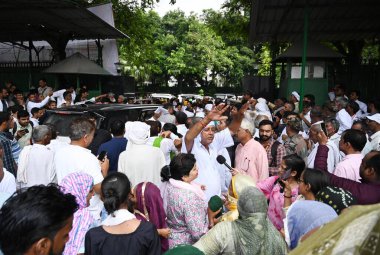 NEW DELHI INDIA SEPTEMBER 6: Wrestler Bajrang Punia and Vinesh Phogat supporters gathers out side congress office as they joins congress in the presence of K C Venugopal and Senior congress leaders from Haryana at AICC HQ on September 6 2024 in New D clipart