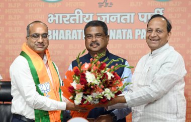 NEW DELHI INDIA SEPTEMBER 6: BJP National General Secretary Arun Singh greets former BJD Rajya Sabha Member Sujeet Kumar as the latter joins BJP in the presence of Union Minister and party leader Dharmendra Pradhan on September 6 2024 in New Delhi In clipart