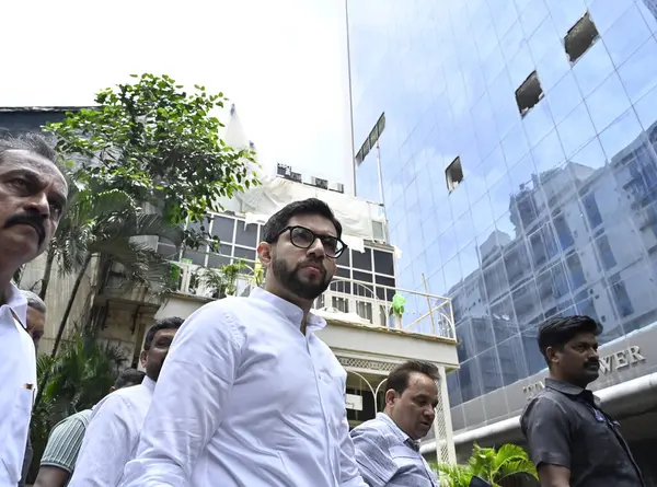 stock image MUMBAI INDIA SEPTEMBER 6 2024 Shiv Sena UBT MLA Aditya Thackeray visited Kamala Mills after fire was doused by Fire Brigade Officials at Lower Parel on September 6 2024 in Mumbai India Photo by Anshuman Poyrekar Hindustan Times