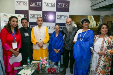 NEW DELHI INDIA AUGUST 30 2024 Payal Kapoor Prayag Shukla Artists Shobha Broota and Sanjay Bhattacharya during an art fair Artix 30 a hotel based art fair where the rooms of a premier Delhi hotel were transformed into intimate preview spaces at The C clipart