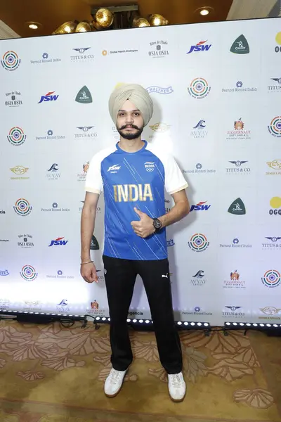 stock image NEW DELHI INDIA AUGUST 30 2024 Olympic medal winner Sarabjot Singh during a grand celebration of the Indian shooting team s success at the Paris Olympics held at the ITC Maurya hotel on August 30 2024 in New Delhi India The event honored three except