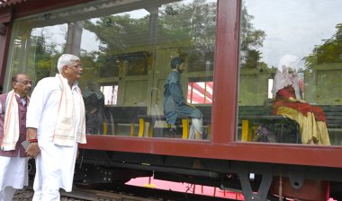 NEW DELHI INDIA SEPTEMBER 11 2024 Union Minister for Culture and Tourism Gajendra Singh Shekhawat and Vice Chairman GSDS Vijay Goel visit a look Rail coach after inaugurating the Rail Coach dedicated to Mahatma Gandhi at Gandhi Darshan Rajghat on Sep clipart