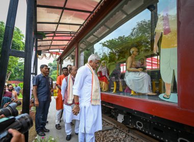 NEW DELHI INDIA SEPTEMBER 11 2024 Gajendra Singh Shekhawat Union Minister of Culture and Tourism along with BJP leader Vijay Goel inaugurates the Railway coach dedicated to the father of nation Mahatma Gandhi at Gandhi Darshan on September 11 2024 in clipart